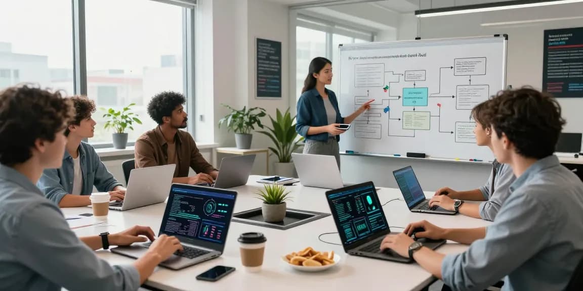 Diverse team collaborating in a modern workspace using an ai detector for effective content moderation.