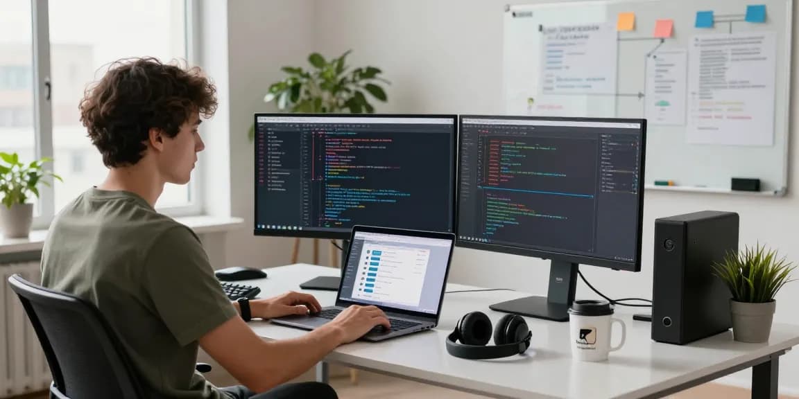Developer coding at a modern workspace featuring telegraimin.com, showcasing software development tools and vibrant atmosphere.
