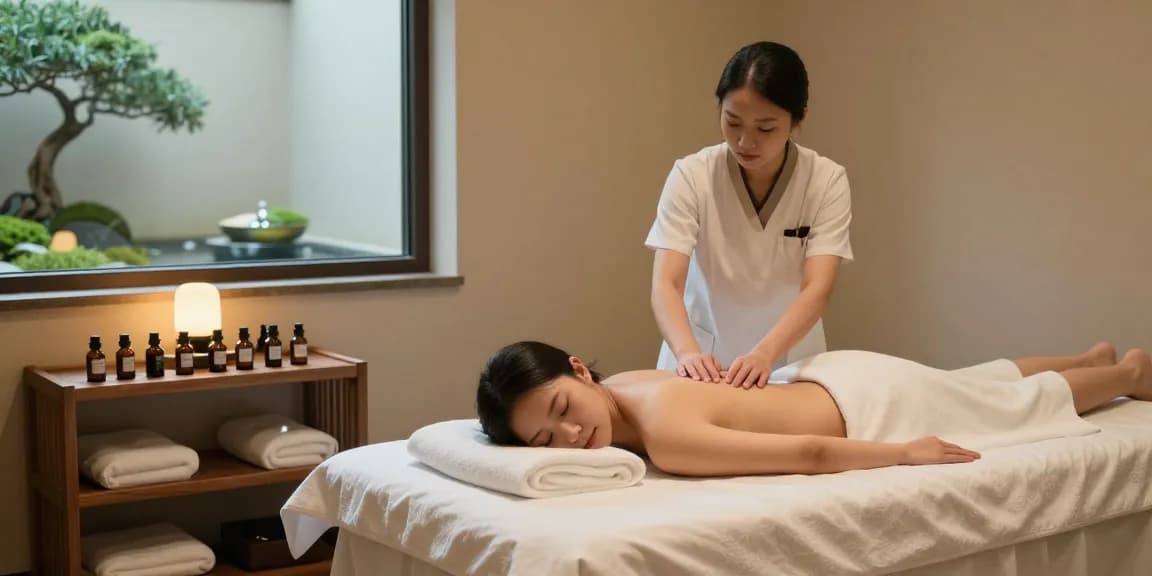 마사지 테라피룸에서 아로마 오일과 마사지 테이블이 배치된 평화로운 풍경