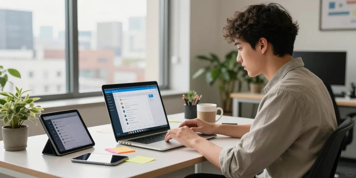 Interactive use of Telegram Web Version in a modern office setup with bright natural light.
