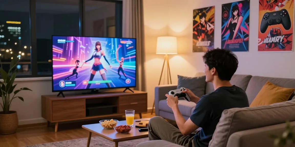 Engaged player enjoying hentai games in a cozy home gaming setup with ambient lighting.