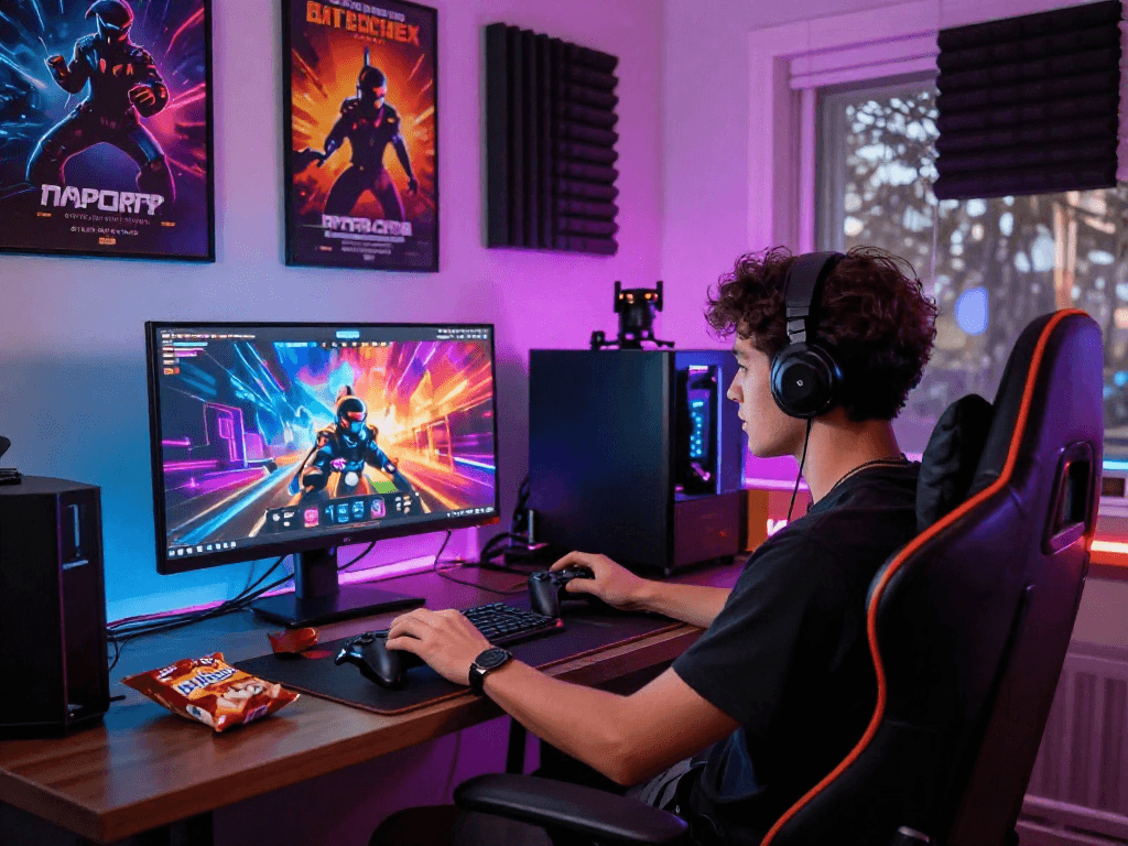 Engaging scene illustrating a person immersed in html sex games on a vibrant display with colorful gaming decor.