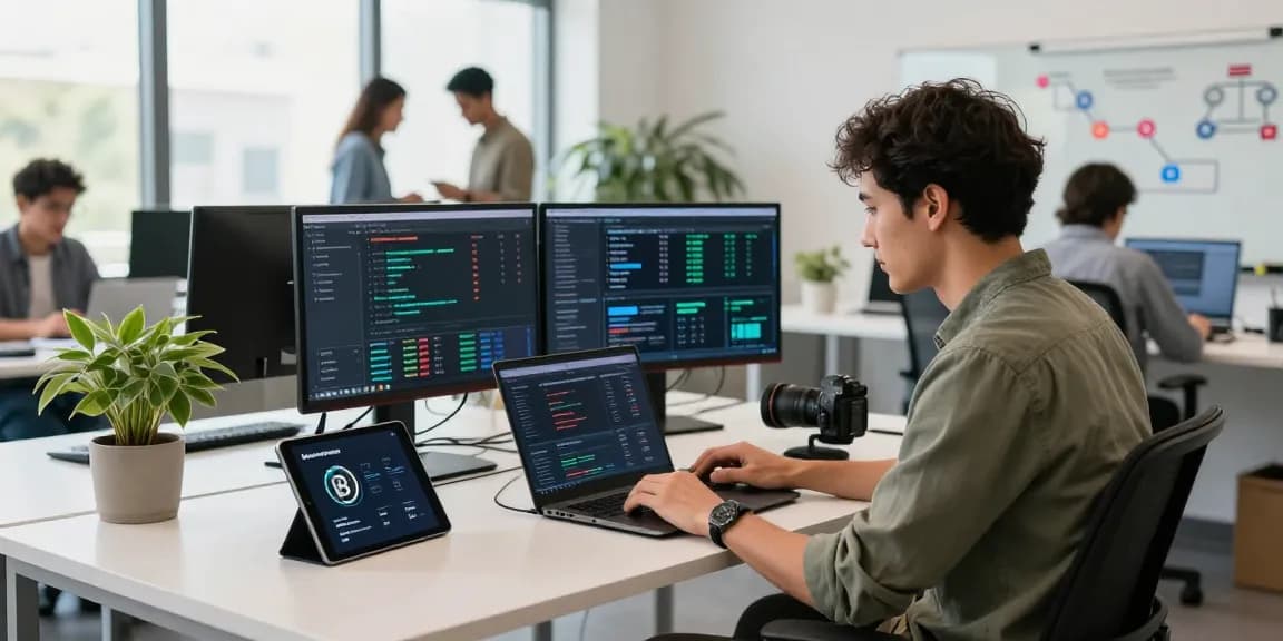 libertyswap developer working in a modern co-working space with screens displaying blockchain transactions and analytics.