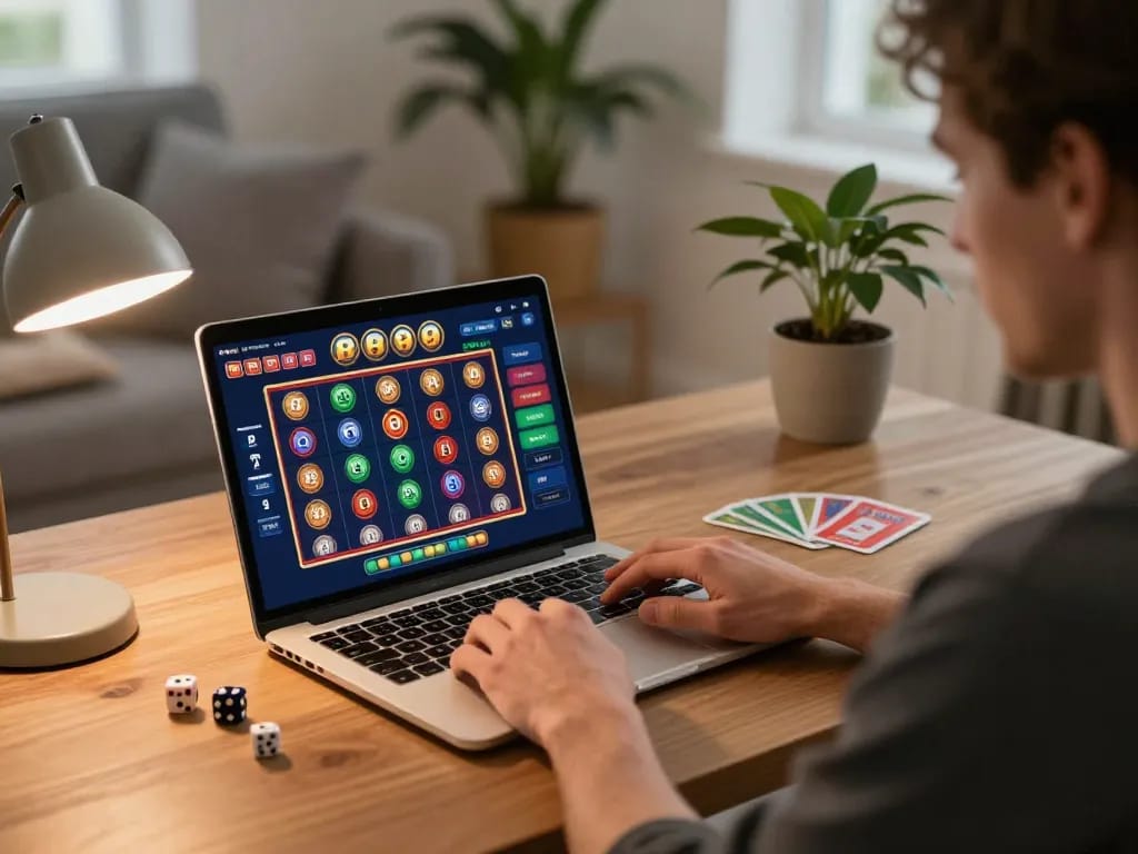 Engaging in online gambling strategies on laptop with keonhacai gaming insights in modern home office