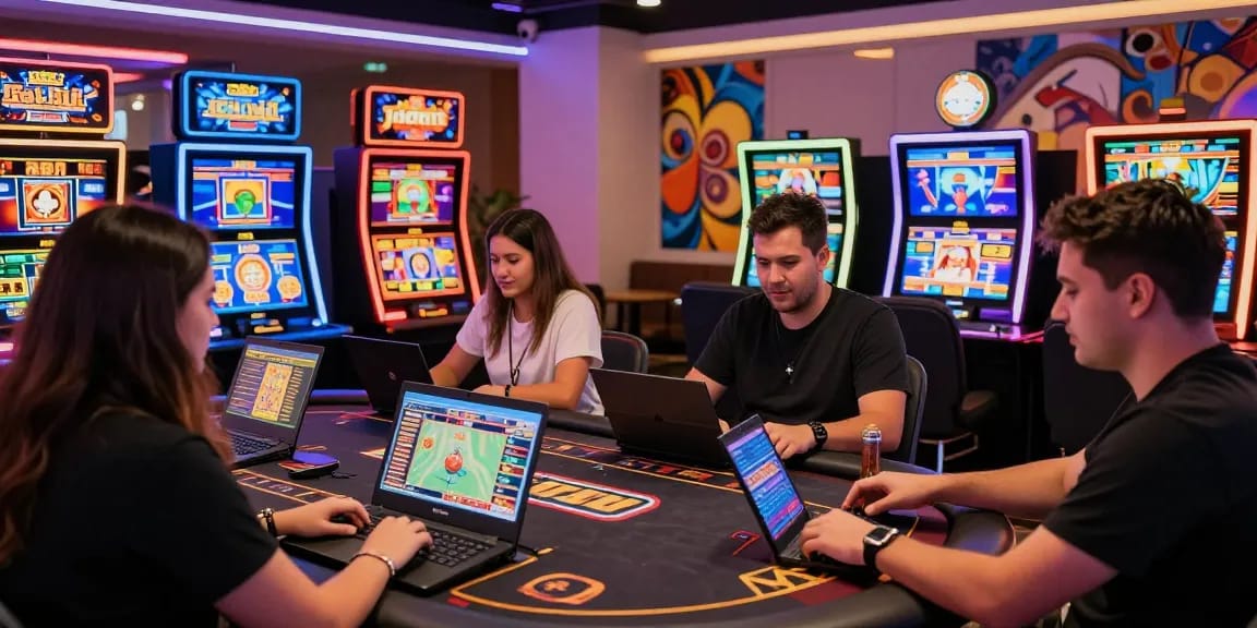 Experience the excitement of jackpot city paraguay with players engaging in dynamic online casino games under vibrant lighting.