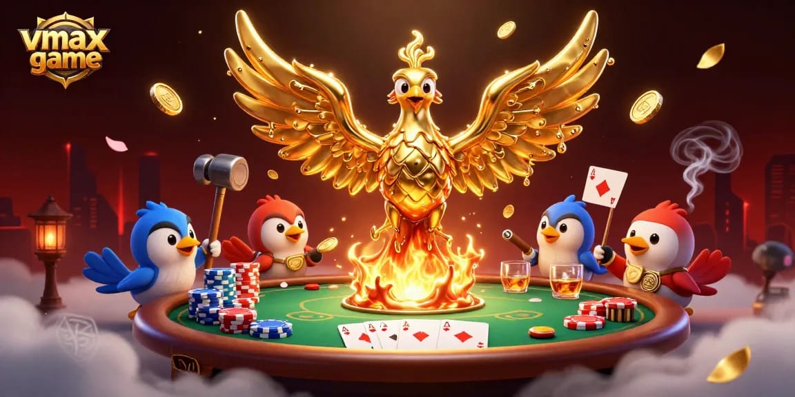 Engage in thrilling vmax game action with a golden phoenix and poker elements in a vibrant casino scene.