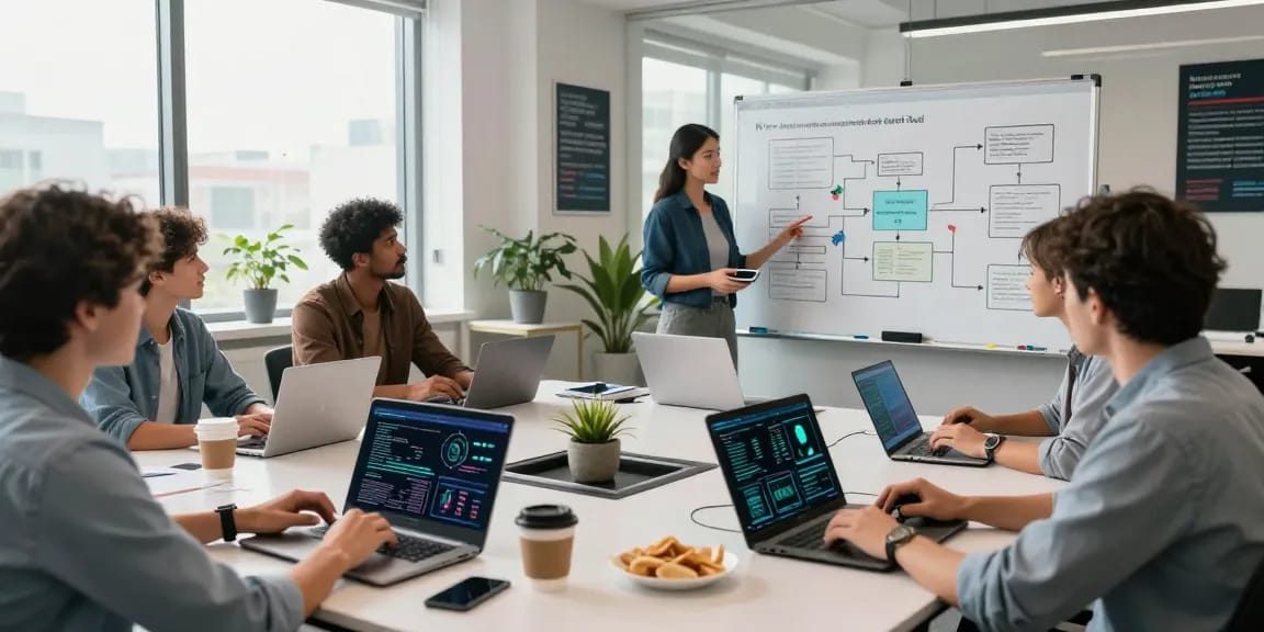 Diverse team collaborating in a modern workspace using an ai detector for effective content moderation.