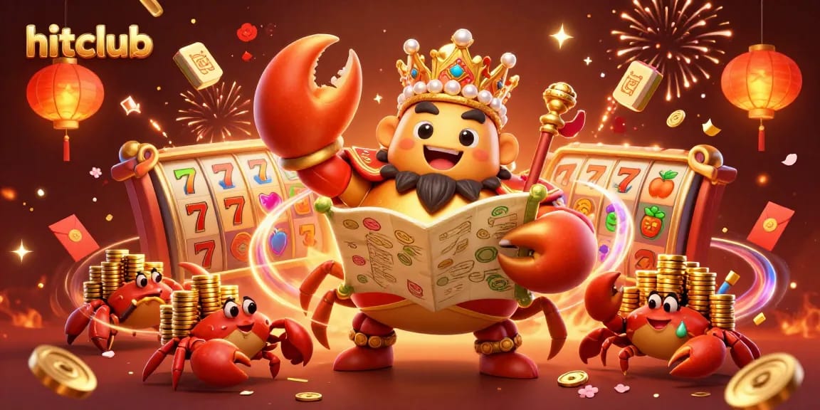 Experience the excitement at hitclub with a golden crab emperor overseeing vibrant slot action and rich treasures.