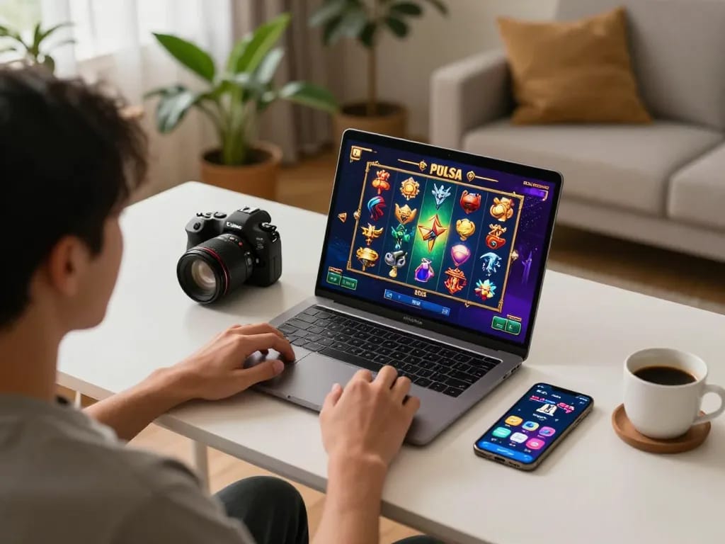 Engaging in a slot pulsa game on a laptop in a cozy home setting, highlighting online gaming excitement