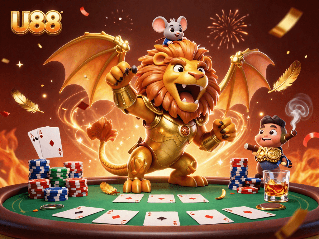 Experience thrilling wins with U88 in this vibrant, action-packed casino scene filled with cards, chips, and celebration.