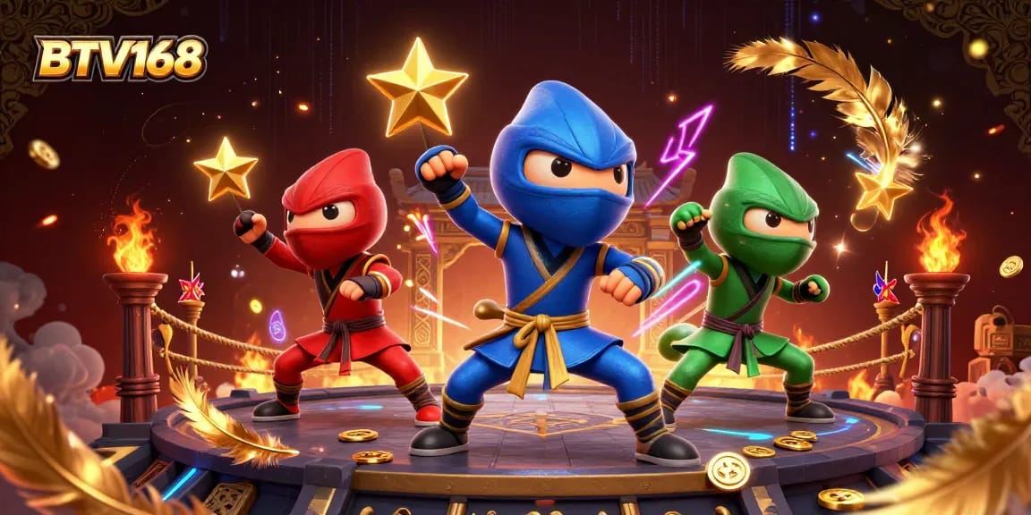 BTV168 showcases a vibrant and energetic 3D scene of ninja chameleons in a martial arts showdown.