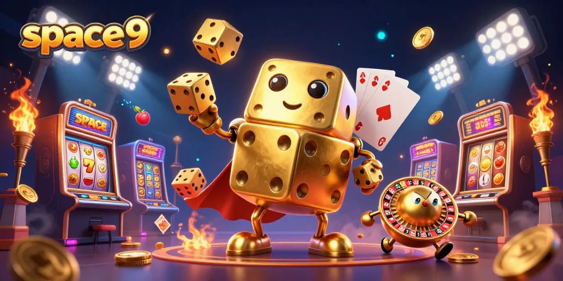 Experience thrilling moments at Space9 casino with playful golden dice and vibrant slot machines