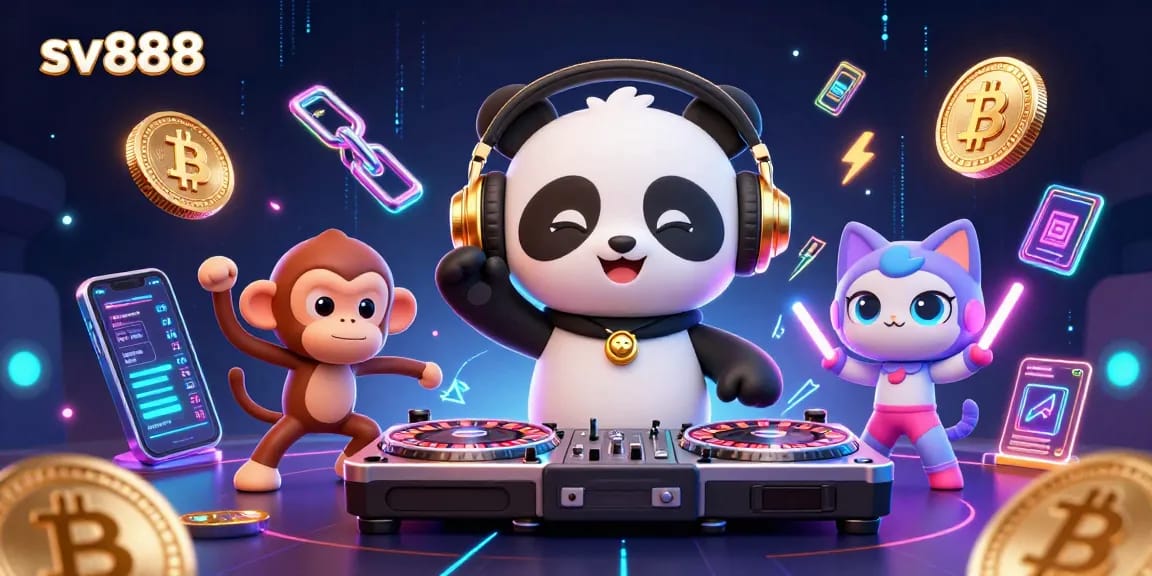 Experience the excitement of sv888 casino with lively characters and vibrant crypto elements.