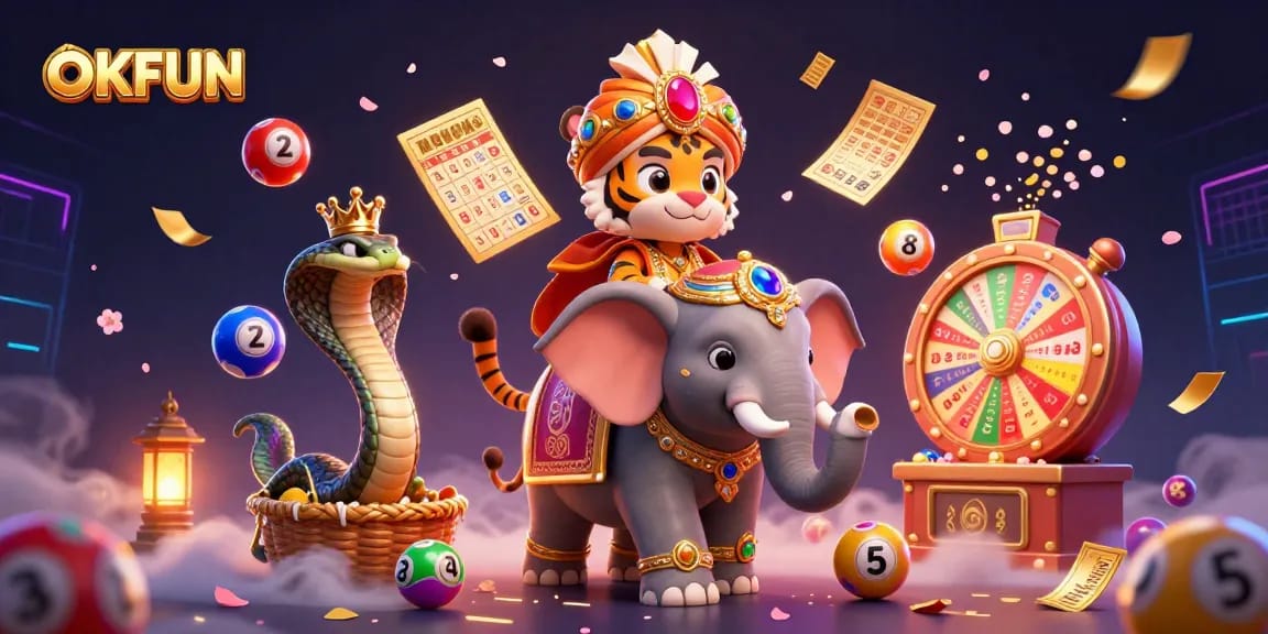 Win exciting prizes with OKFUN's vibrant lottery-themed casino illustration featuring dynamic game elements.