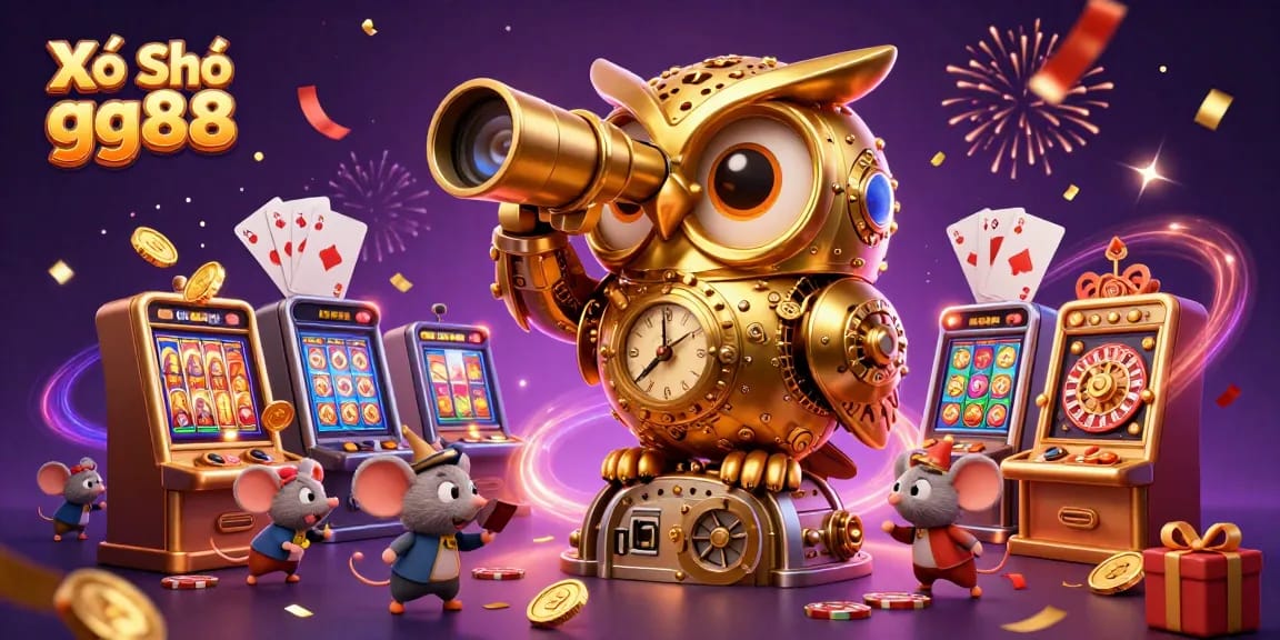 Engage with Xổ Số gg88, featuring a clockwork owl observing a dynamic casino scene