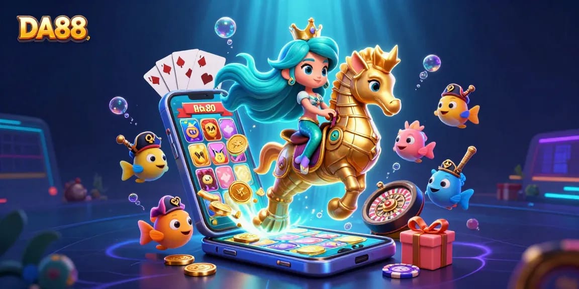 Experience thrilling gameplay with DA88 as a 3D mermaid princess and giant seahorse explore vibrant underwater slots.