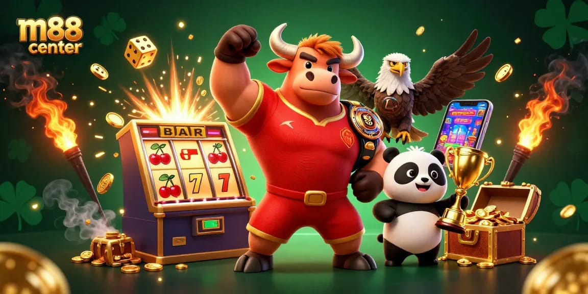 Experience thrilling wins at m88 center with vibrant slot game action featuring dynamic characters and rich casino elements.