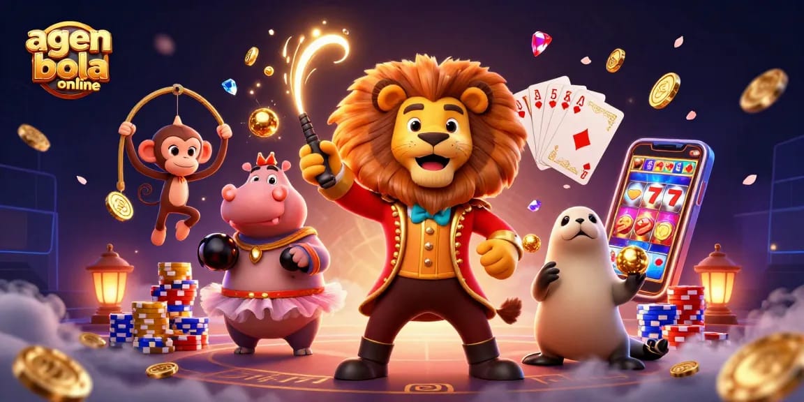 Engage with agen bola online excitement as animated characters enjoy lively casino action with coins and cards.