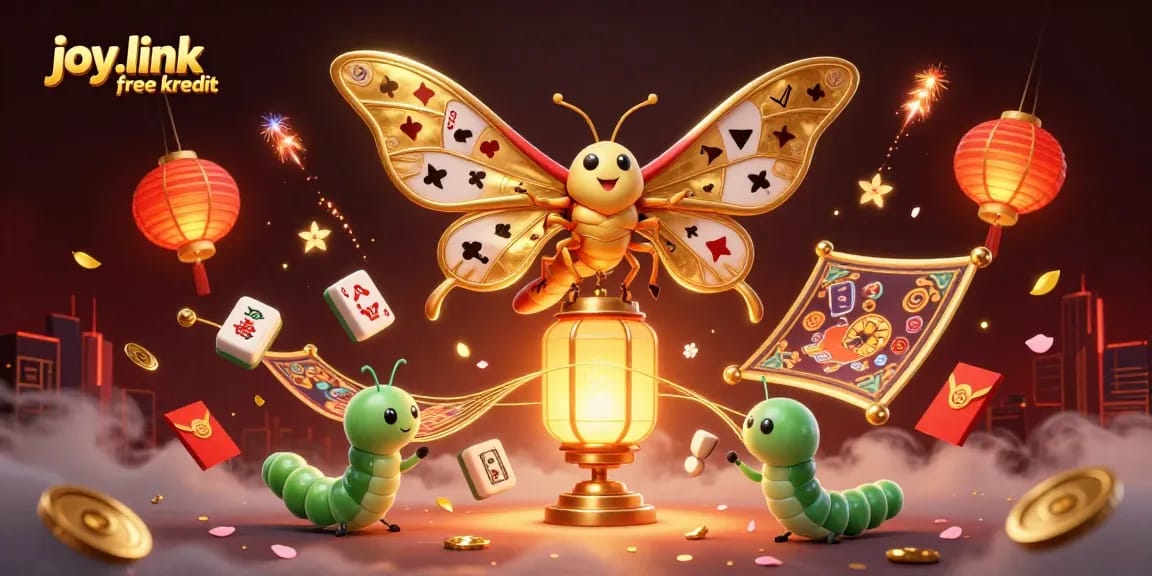 Enchanting 3D illustration of joy.link free kredit featuring casino elements like golden moths, lanterns, and mahjong tiles