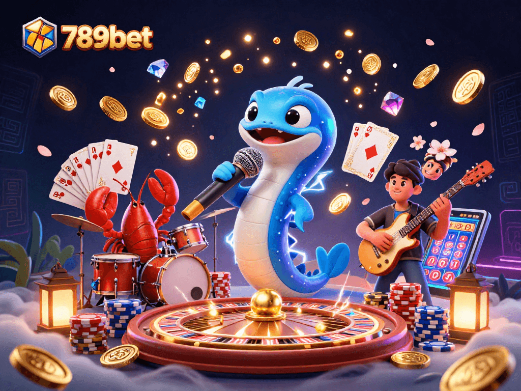 Feel the excitement at 789bet with an electric eel DJ, vibrant casino elements, and dynamic underwater visuals.
