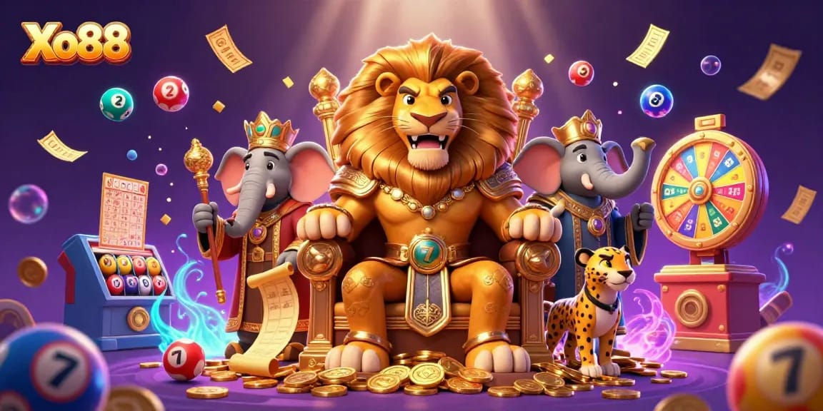 Xo88 offers an exciting scene with a lion king and vibrant lottery elements making it an engaging casino experience.