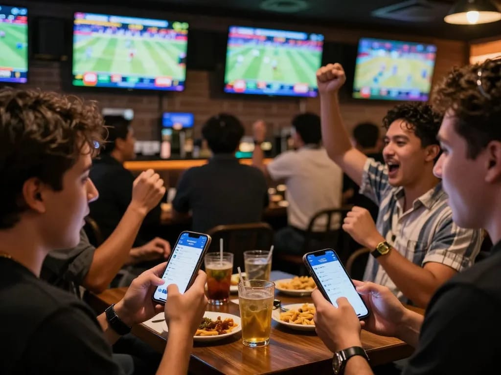 Engaging scene of patrons using keonhacai tv app for live betting in a lively sports bar