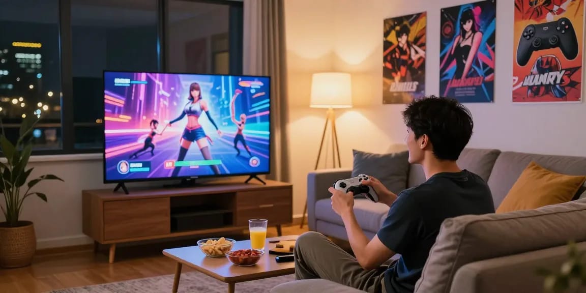 Engaged player enjoying hentai games in a cozy home gaming setup with ambient lighting.