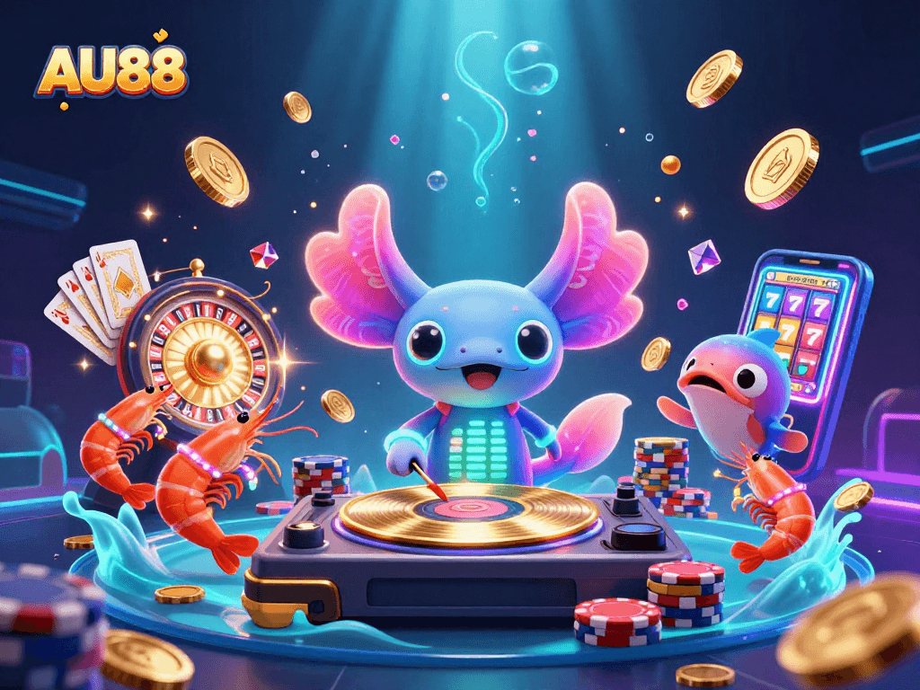 Experience thrill with AU88 as a vibrant DJ sets the underwater casino scene alive with colorful action.