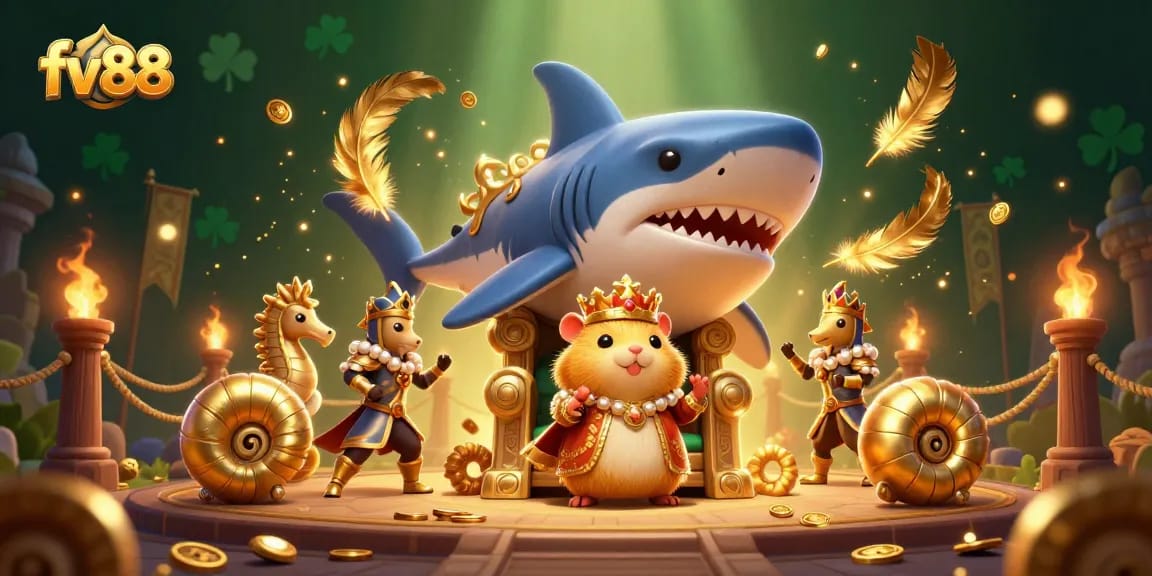 fv88 players winning big at the casino with a creative 3D hamster king and turtle guards scene