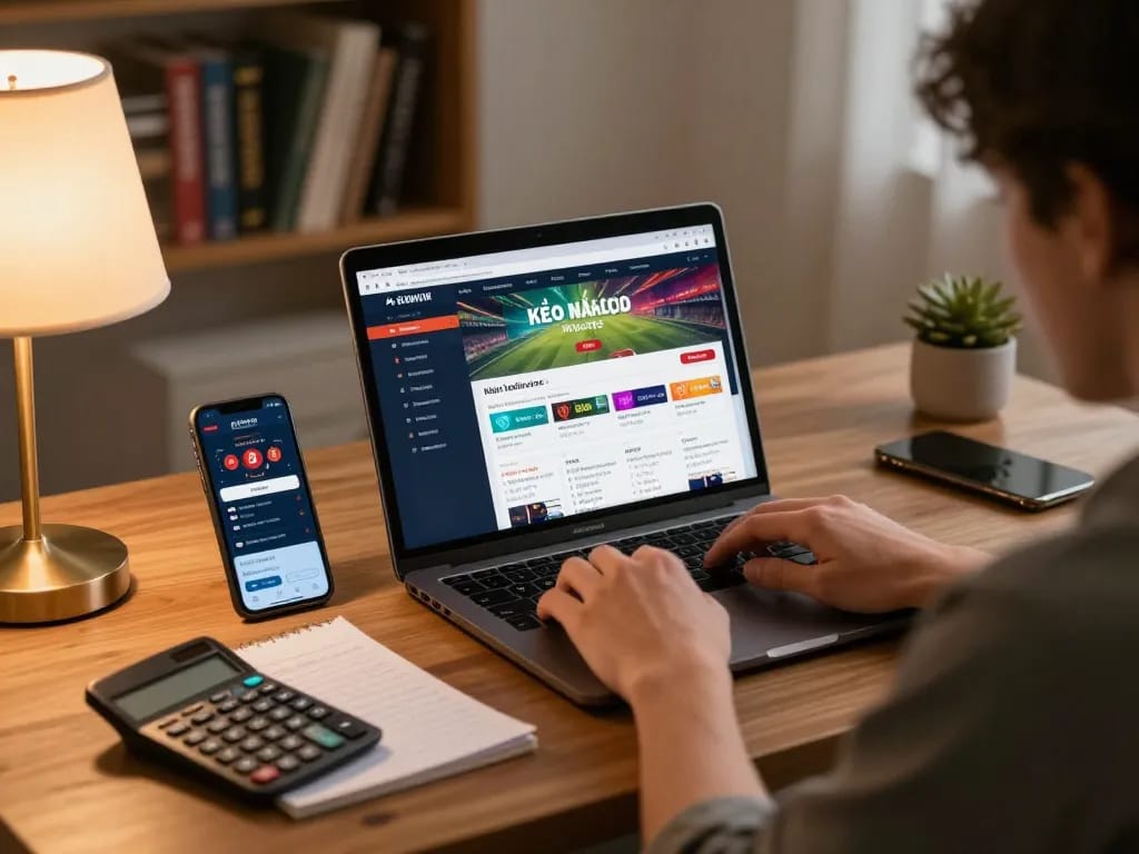 Engaging kèo nhà cái online betting scene showing a person analyzing sports odds on a laptop.