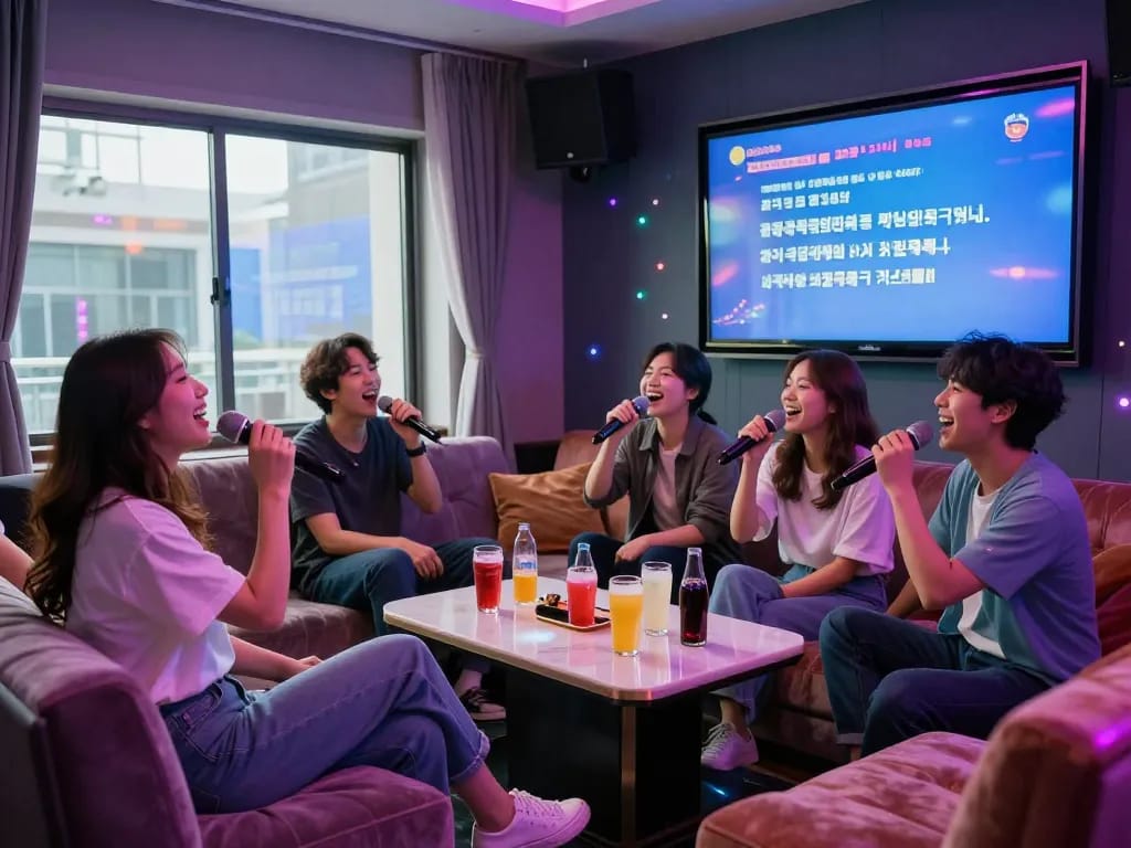 서구청쓰리노 노래방에서 친구들과 함께 노래하고 음료를 즐기는 생동감 넘치는 분위기.