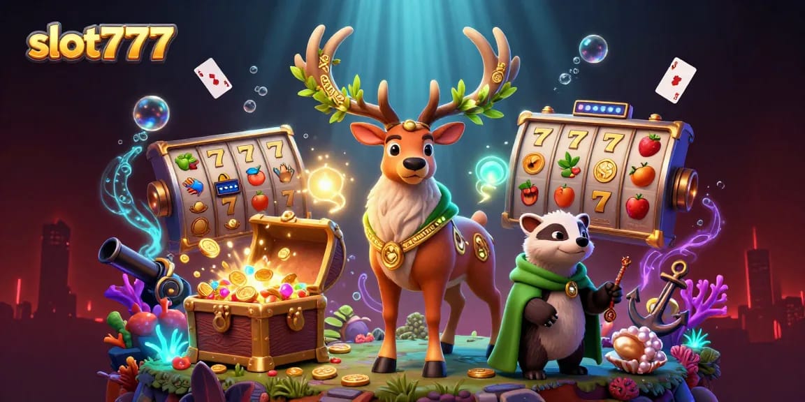 Spin the reels at slot777, featuring a Celtic druid stag and treasures in a lively casino scene.