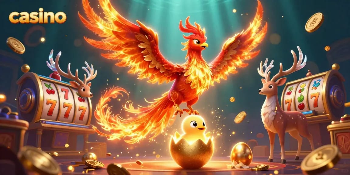Catch the excitement at our casino with a fiery phoenix flying above spinning slot reels and gold coins.