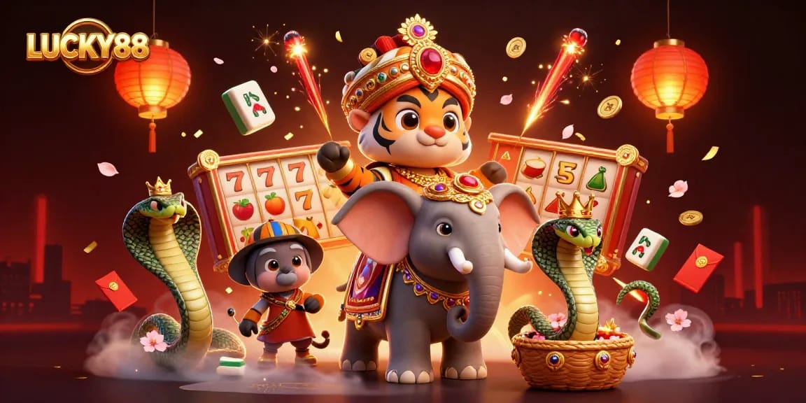 Experience the excitement of LUCKY88 with vibrant slot reels and characters in a festive casino scene.