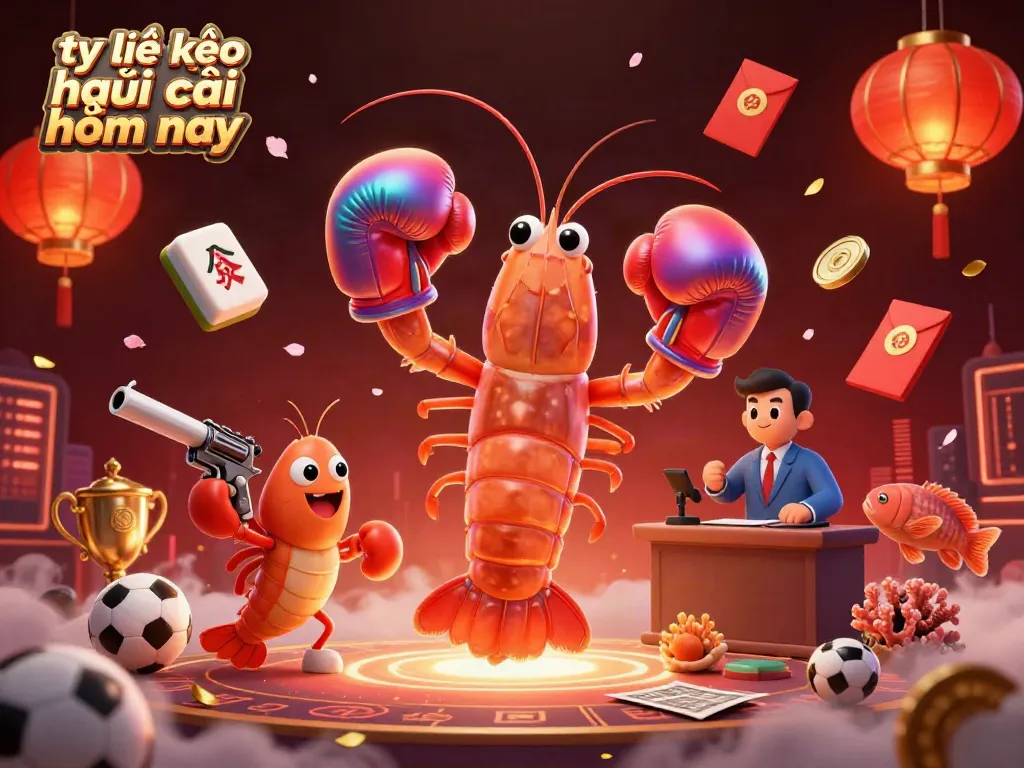 Experience thrilling sports betting action with tỷ lệ kèo nhà cái hôm nay, featuring dynamic shrimp characters and festive elements.