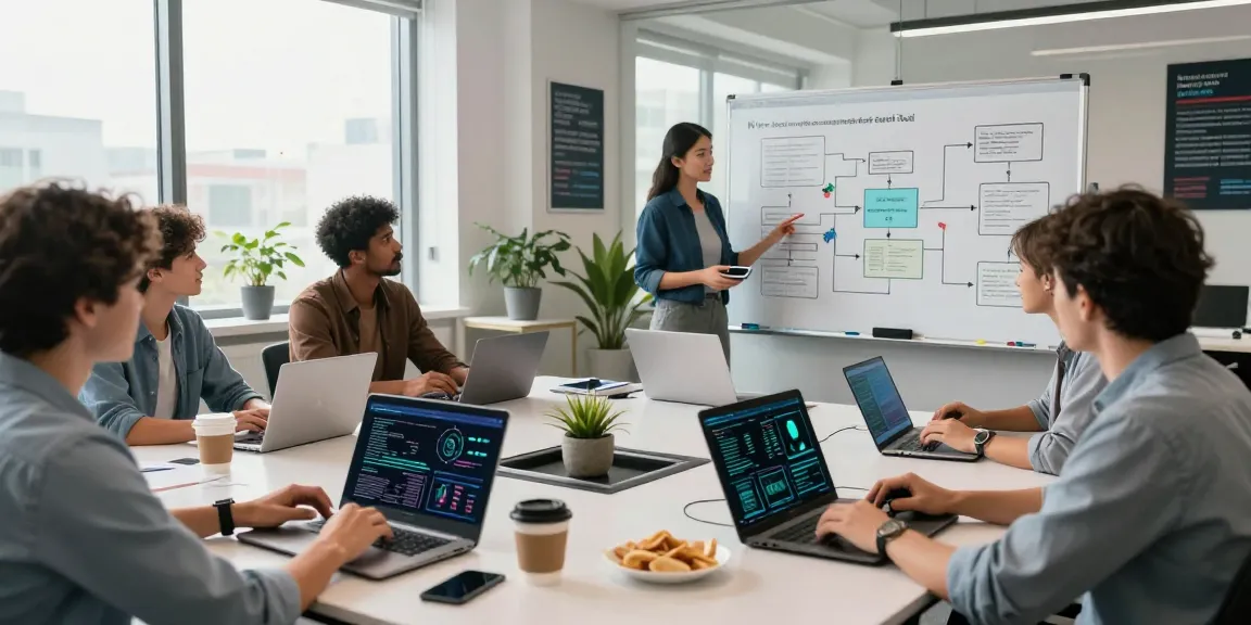 Diverse team collaborating in a modern workspace using an ai detector for effective content moderation.