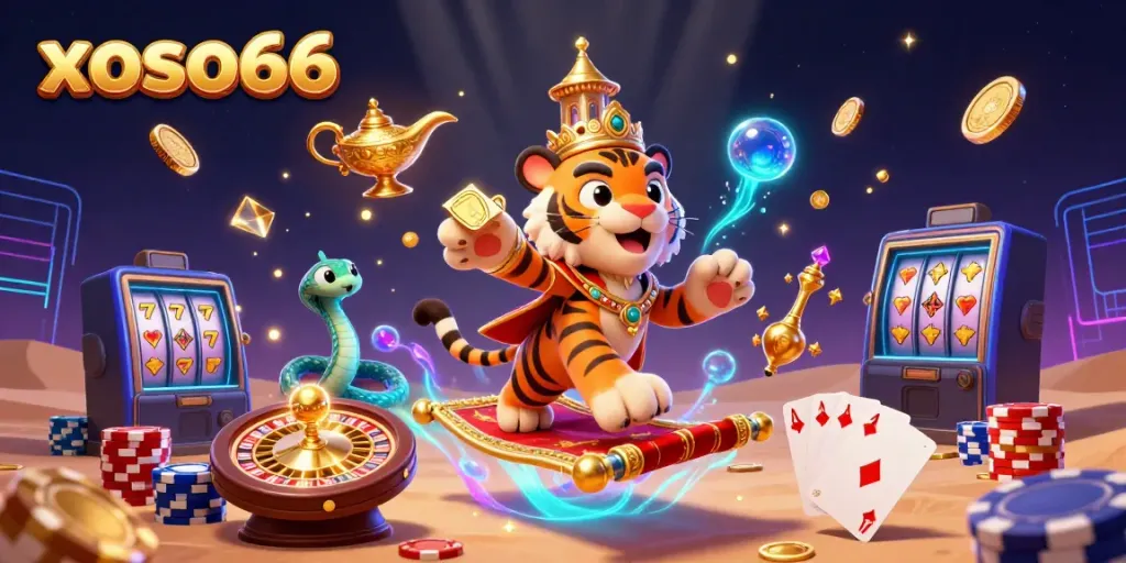 Experience the excitement of xoso66 with a vibrant scene featuring a sultan tiger, golden treasures, and casino elements.