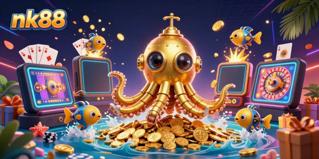 Engage in thrilling gameplay with nk88's golden kraken submarine and exciting casino elements.