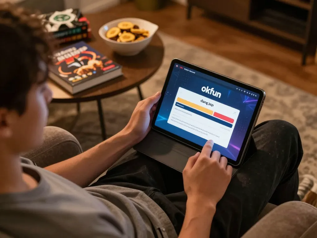 Person engaging with okfun đăng nhập on a tablet in a cozy home setting, surrounded by strategy notes.
