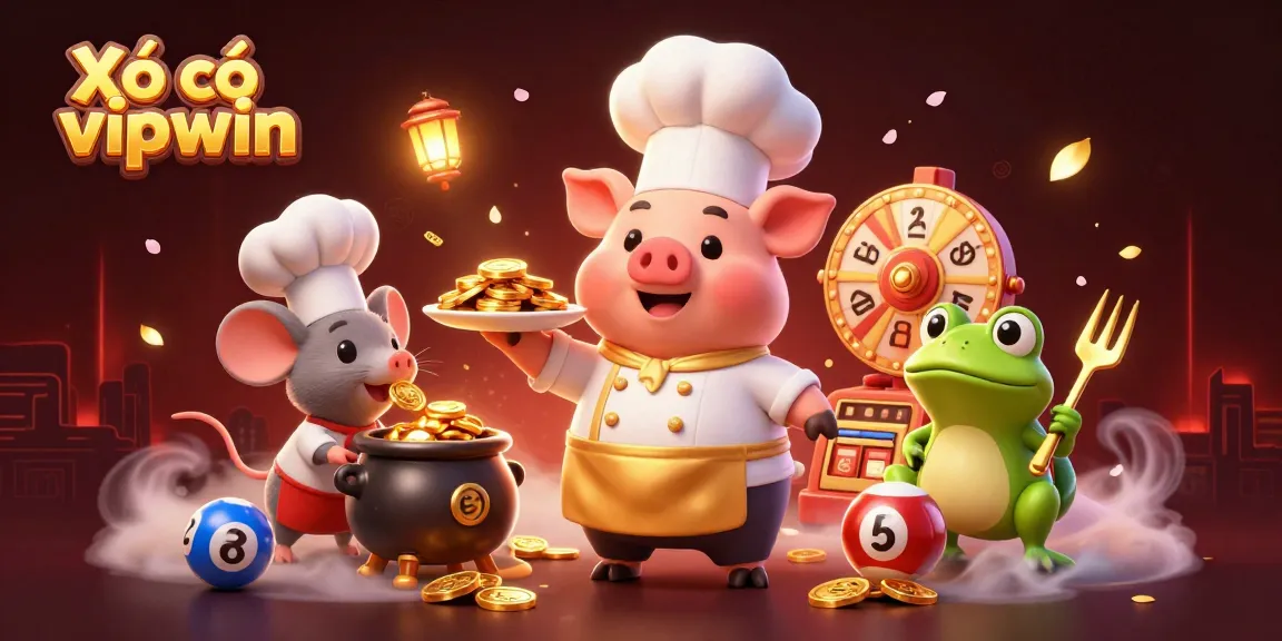 Xổ số vipwin showcases a lively scene where characters delight in lottery-themed elements and gold rewards, embodying exciting gaming moments.