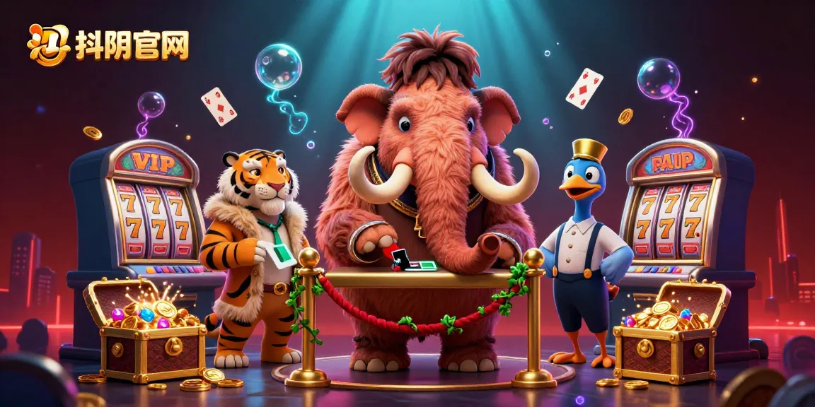 Experience thrilling gaming at 抖阴官网 with a vibrant scene featuring a woolly mammoth casino bouncer, VIP saber-tooth tiger, and dodo bird doorman.