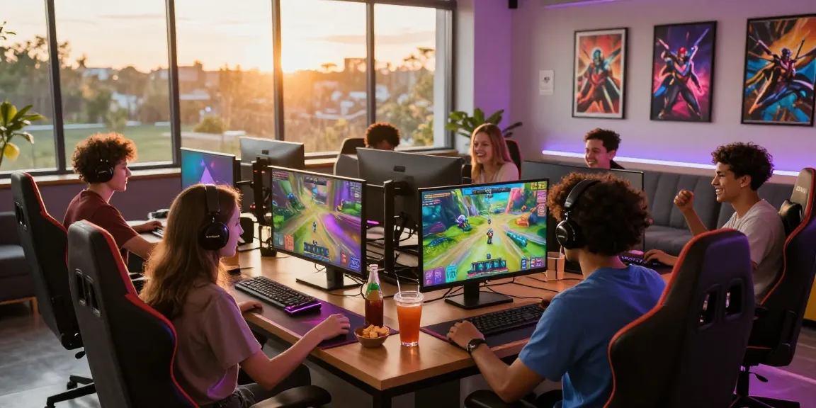 Dynamic online gaming scene with friends gaming at iwin lounge, colorful LED lights, and competitive atmosphere.