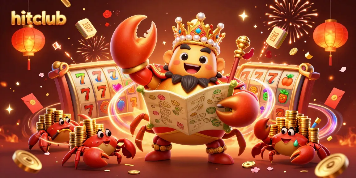 Experience the excitement at hitclub with a golden crab emperor overseeing vibrant slot action and rich treasures.