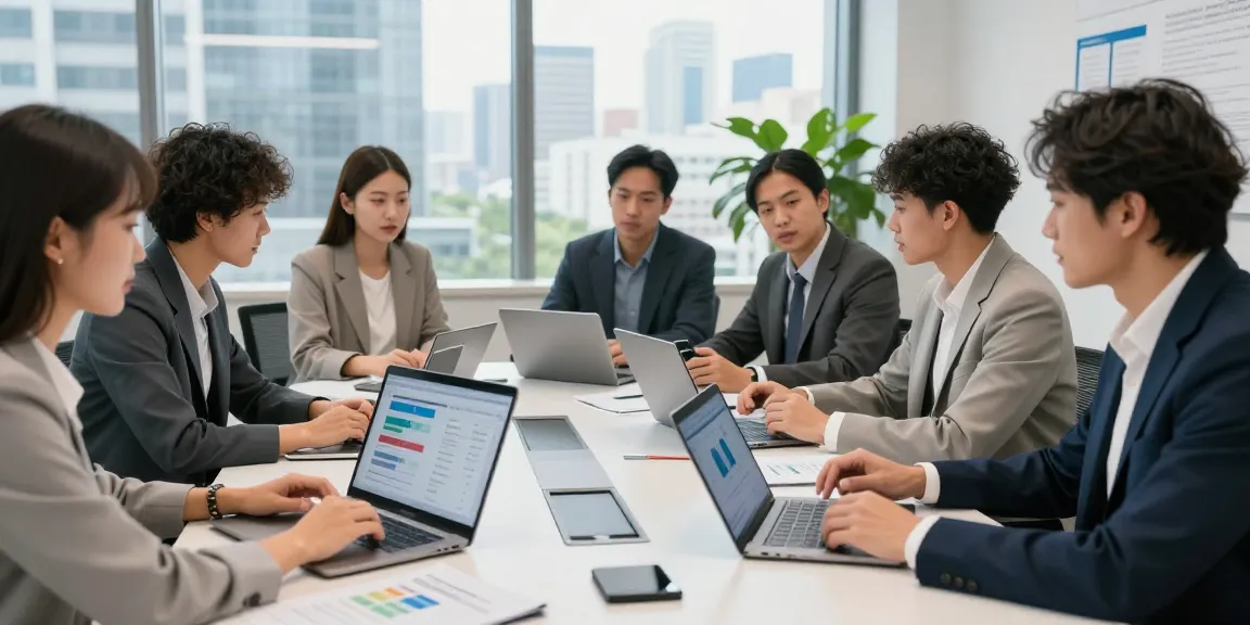 Compare business mobile deals UK in a professional office setting with a diverse team analyzing options.