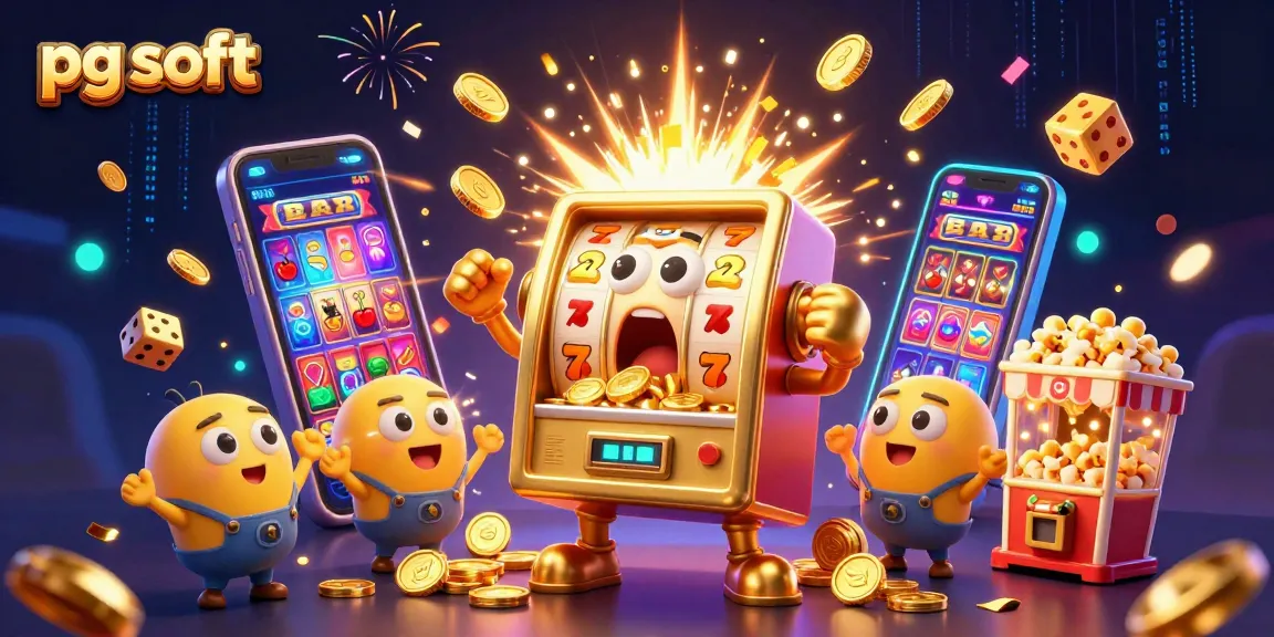 Play pg soft slots in a vibrant scene with jackpot excitement and cheerful machines.