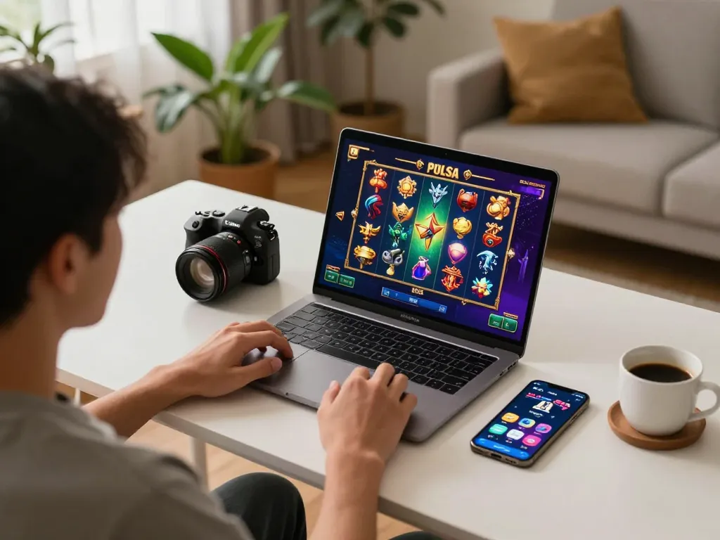 Engaging in a slot pulsa game on a laptop in a cozy home setting, highlighting online gaming excitement