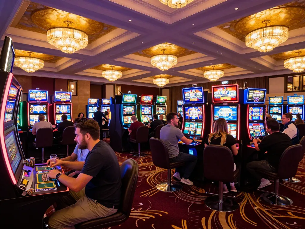 B52 club players enjoying the excitement of slot machines in a vibrant casino environment.