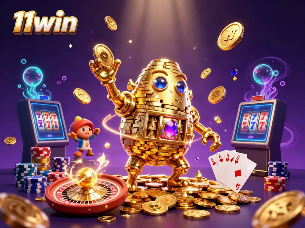 Engage with thrilling gameplay at 11win, featuring an exhilarating scene of gold coins and casino elements.
