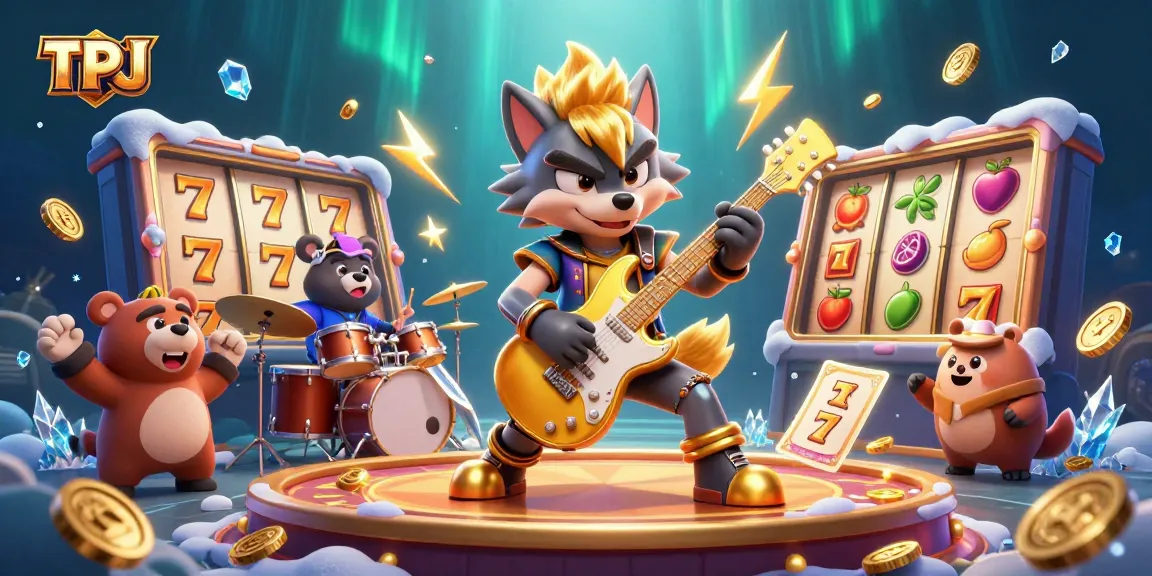 Engage with TPJ's thrilling casino scene featuring a rock star wolf playing amidst dynamic slot elements.