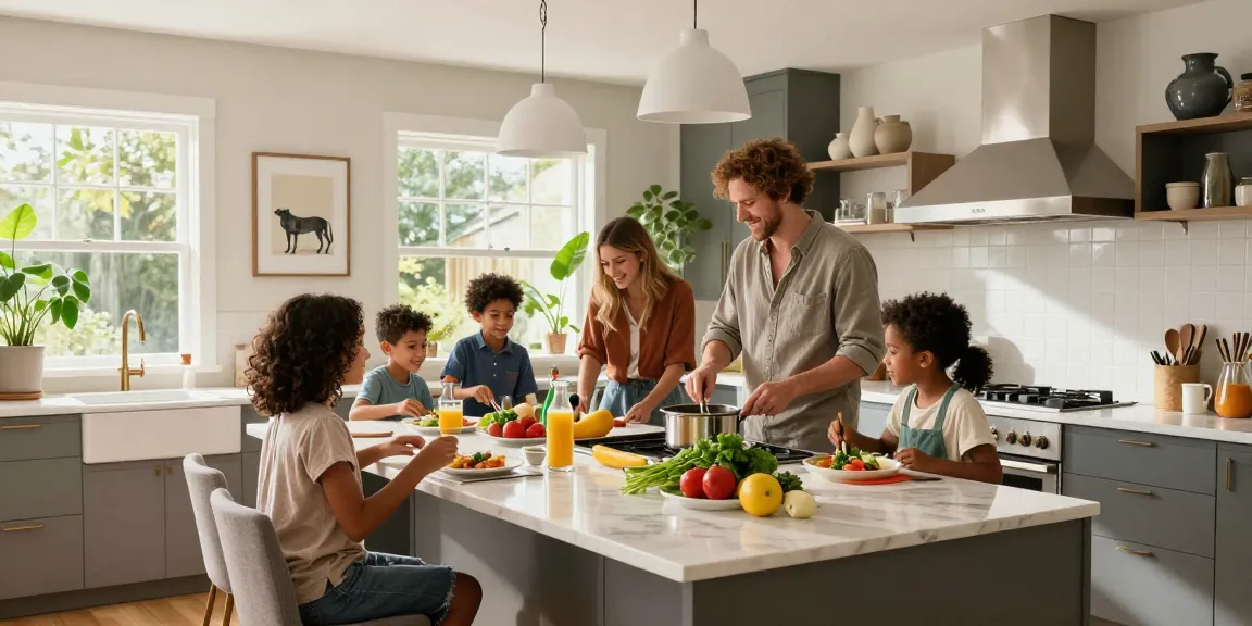 Stylish home kitchen featuring a family gathering and contemporary decor.